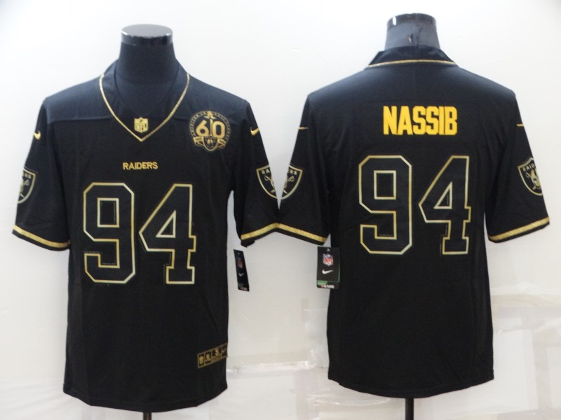 Men's Las Vegas Raiders #94 Carl Nassib Black/Gold With 60th Anniversary Patch Vapor Limited Stitched Jersey Men's Las Vegas Raiders #94 Carl Nassib Black/Gold With 60th Anniversary Patch Vapor Limited Stitched Jersey